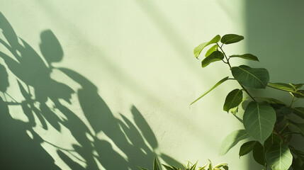 Sombra de planta projetada sobre parede verde clara minimalista