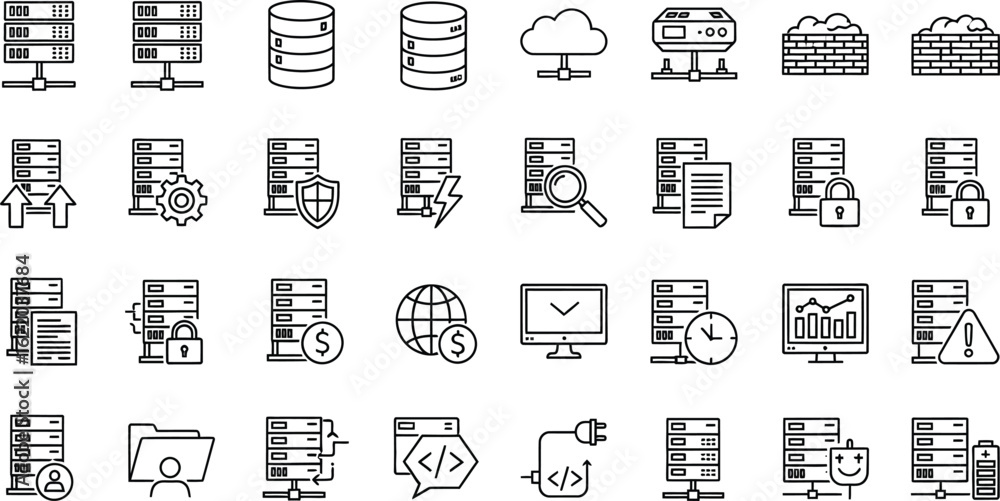 Poster vector art of extensive set of thin line icons depicting various aspects of server infrastructure, d
