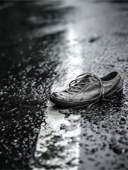 Sole Survivor: A lonely, weather-beaten sneaker rests abandoned on a slick, rain-soaked road, its laces dangling, telling a silent tale of journeys and departures.