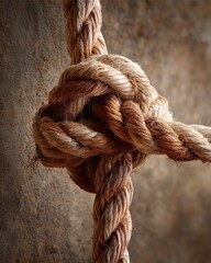 Knot in a Rope: A close-up shot reveals a complex knot tied with thick, textured rope, showcasing intricate details and strong, durable material. 