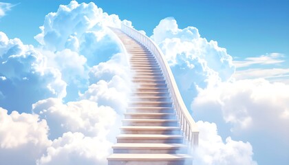 A curved stairway ascends through fluffy white clouds into a bright blue sky
