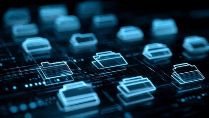 Digital file storage; server room; data processing; glowing folders; cloud computing