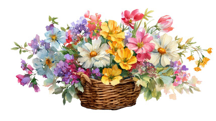 Obraz premium Watercolor of Colorful Spring Flower Bouquet in Wicker Basket on Transparent Background