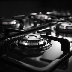Close-up of a Modern Cooktop: This striking close-up shot showcases a sleek, modern cooktop, with a focus on its burners, elegant design, and overall high-end appeal.