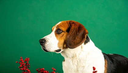 Close-up of a tri-color beagle dog with red berries against a green background, looking to the left.