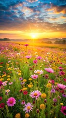 Obraz premium Meadow at sunrise with vibrant wildflowers in shades of pink and yellow