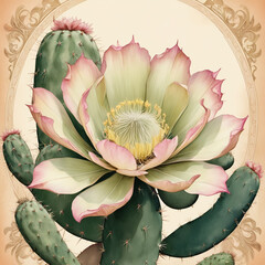 Ai generate A vintage style card illustration featuring a beautifully detailed cactus flower in full bloom, with delicate petals rendered in soft gradients of pink, yellow, and cream