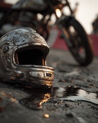 Rusty Helmet and Motorcycle: Close-up shot of a weathered helmet next to a motorcycle, hinting at adventure and the open road, with an air of nostalgia and rugged individualism.