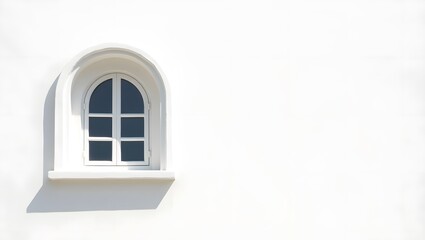 White arched window in an old stone building facade