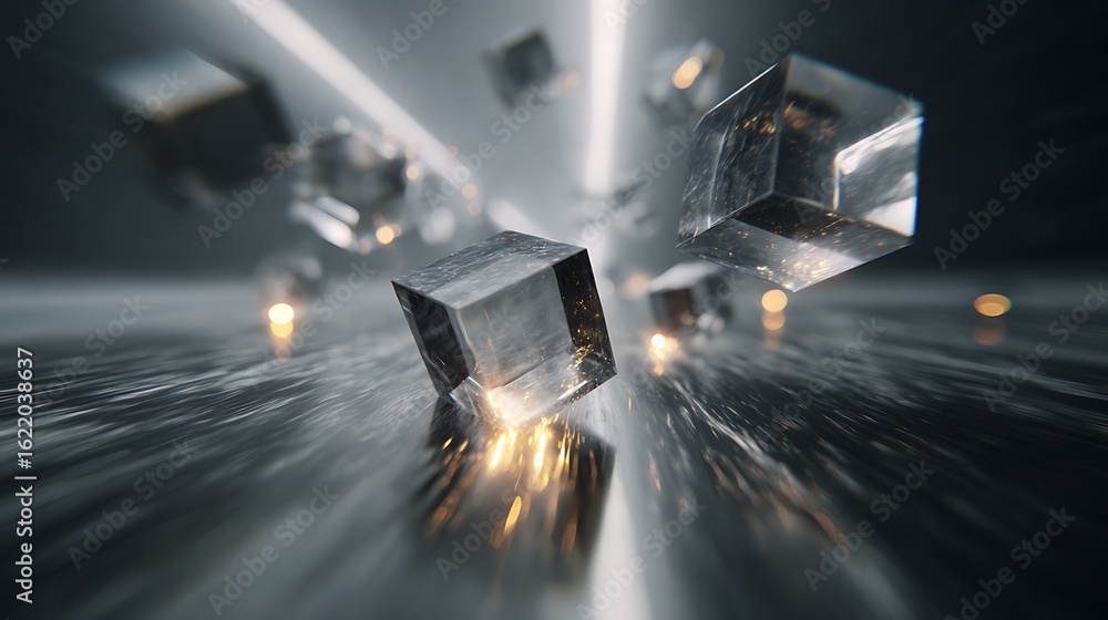 Poster abstract background with floating glass cubes reflecting light, creating a modern and futuristic geo