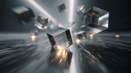 Abstract background with floating glass cubes reflecting light, creating a modern and futuristic geometric design