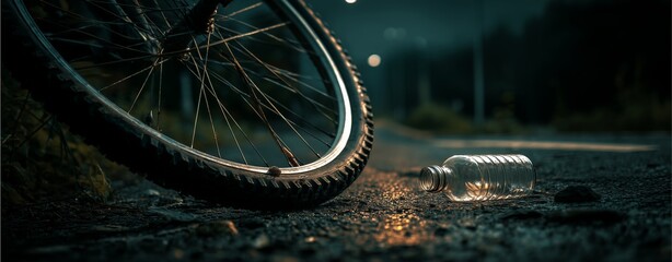 Lost Momentum: An evocative image capturing a solitary bicycle wheel and a discarded water bottle on a desolate asphalt road, symbolizing a moment of pause or interruption in the journey.