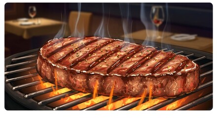 Grilled Steak on Barbecue Grill - Juicy steak grilling on a hot barbecue, perfect for a delicious meal. Sizzling and flavorful