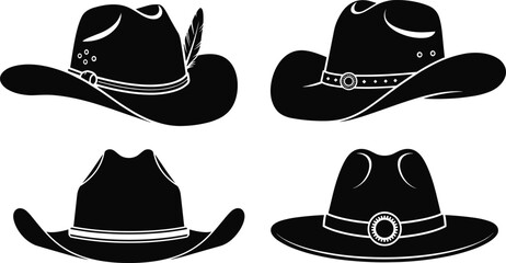 Silhouette cowboy hats vector set, western style headwear icons, vintage country fashion design, rodeo symbol collection for illustration and decor.