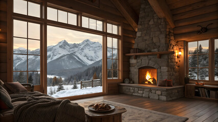 Cozy mountain lodge living room with roaring fireplace and expansive window view of snow covered peaks