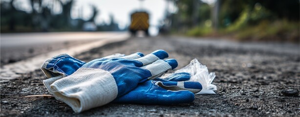 Abandoned Gloves on the Road: A pair of work gloves, blue and white, rests discarded on the asphalt of a road, with a distant vehicle blurred in the background.