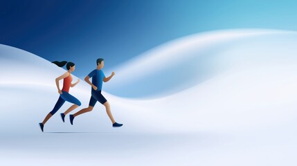 Modern flat illustration of a man and woman running side by side on an open road with motion lines, vivid colors, blue gradient background, and space for text, ideal for fitness content.