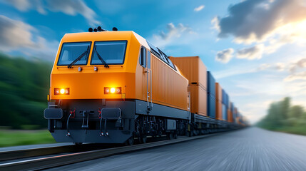 Freight train transporting goods railways high-speed action rural setting low angle view industrial efficiency