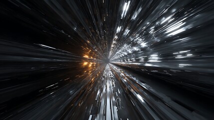 Abstract 3d render of a warp speed tunnel with light and dark textures, creating a futuristic and geometric space with a sense of motion