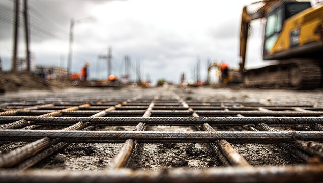 Road construction steel mesh groundwork, urban site, machinery, workers