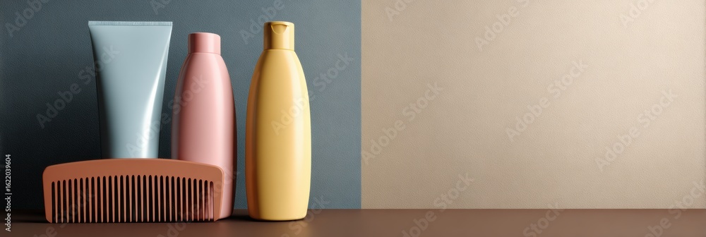 Poster flat composition of shampoo, conditioner, and comb on a simple background with open space for brandi