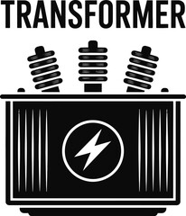 Black and white illustration of an electrical transformer with lightning bolt symbol
