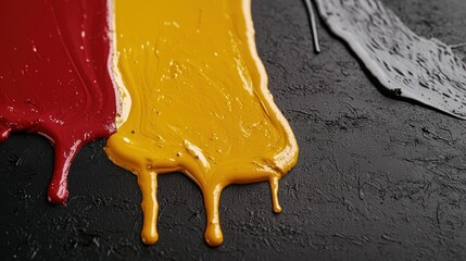 Red, yellow, and gray paint streaks on black surface.