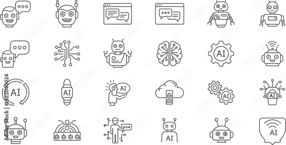 Poster Vector art of set of artificial intelligence and robot icons for technology, automation, and machine learning concepts