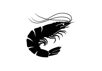 A stylized black silhouette of a shrimp with long antennae on a white background