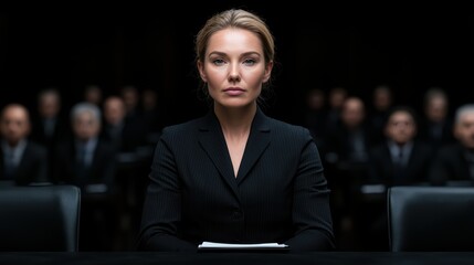 Confident businesswoman leads serious meeting with executive presence.