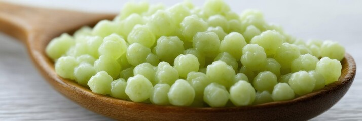Green Akoya Pearl Pasta in a Wooden Spoon