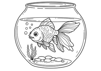 A drawing of a goldfish in a fishbowl with rocks and seaweed, outlined in black and white