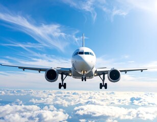 Obraz premium Airplane descending through fluffy clouds under a bright blue sky
