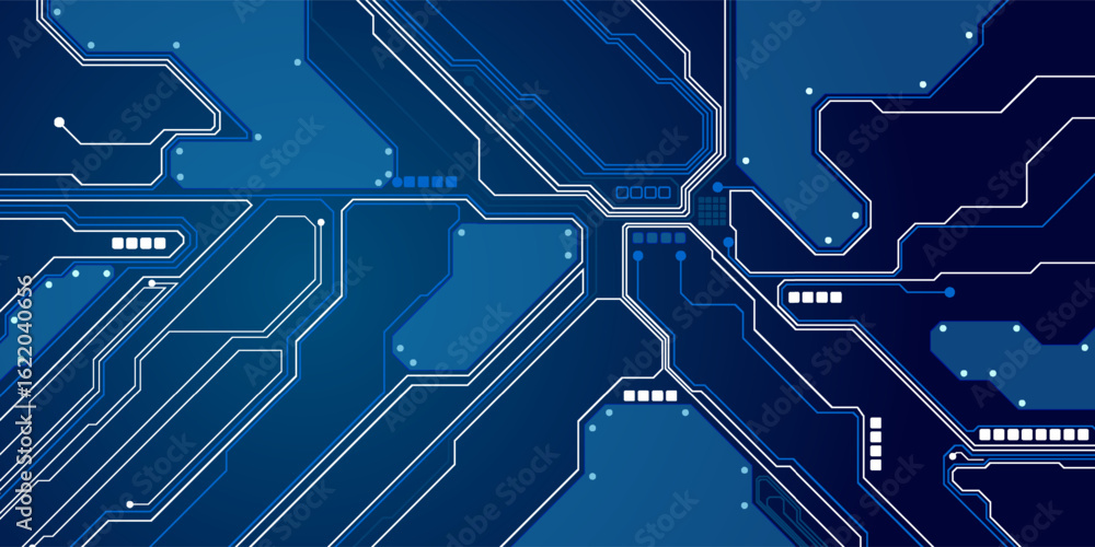 Poster thin circuit trace lines in blue on a dark technology background. abstract digital tech bg. electron