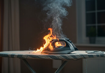 A black and silver iron engulfed in flames sitting on an ironing board with smoke rising