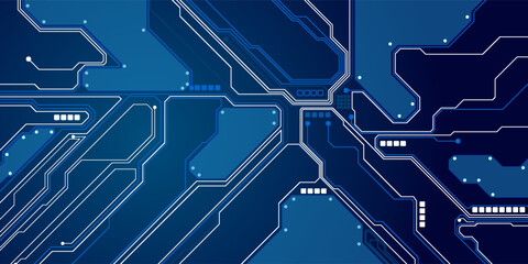 Thin circuit trace lines in blue on a dark technology background. Abstract digital tech bg. Electronics and computer technology concept. Chip and circuit board. Vector illustration. Chip connectors.