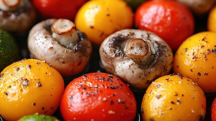 Grilled Vegetables Close-up: Mushrooms and Peppers