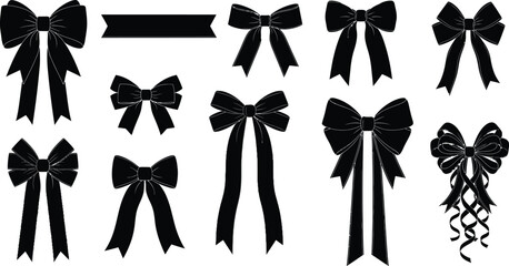 Elegant black bows and ribbon set for festive decoration and design