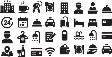 Collection of minimalistic black and white vector icons representing hotel, hospitality, and travel services for mobile apps, websites, and print materials.