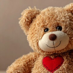 Obraz premium Cute plush teddy bear with heart on soft fabric surface