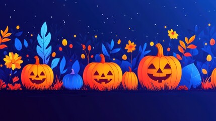 Halloween Night: Cartoon Pumpkins in a Colorful Garden