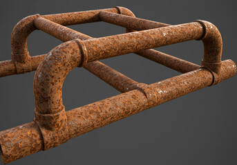 A close up of a rusty metal pipe structure with connecting joints on a gray background