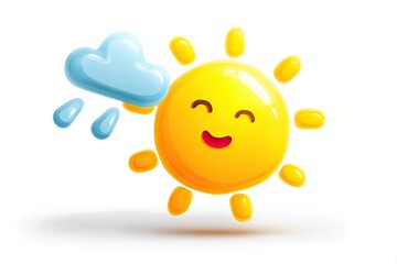 Cartoon sun with a light blue cloud and rain drops