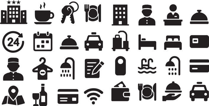 Collection of minimalistic black and white vector icons representing hotel, hospitality, and travel services for mobile apps, websites, and print materials.