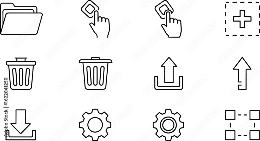 Poster vector art of collection of file management icons featuring folder, hand cursor, add button, trash b