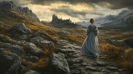 Woman walks ancient path toward ruined castle, dramatic mountains