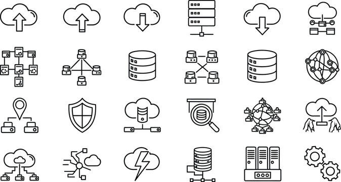 Vector art of collection of cloud computing and networking icons, depicting data storage, server connections, and various technology related symbols in a simple, linear style