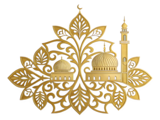 Golden islamic ornament with mosques and minaret on black background