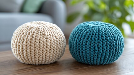 Handmade Knitted Poufs on Wooden Surface