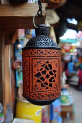 Hanging Decorative Orange and Black Lantern at Market
